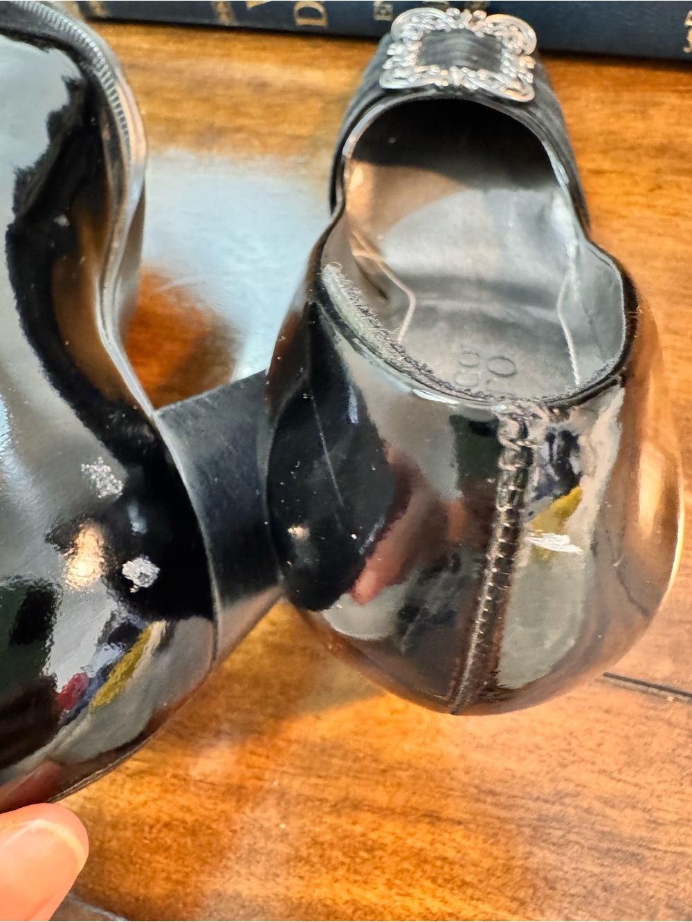 Franco Sarto Black Patent Peep-Toe Heels with Decorative Buckle - Picture 9 of 10